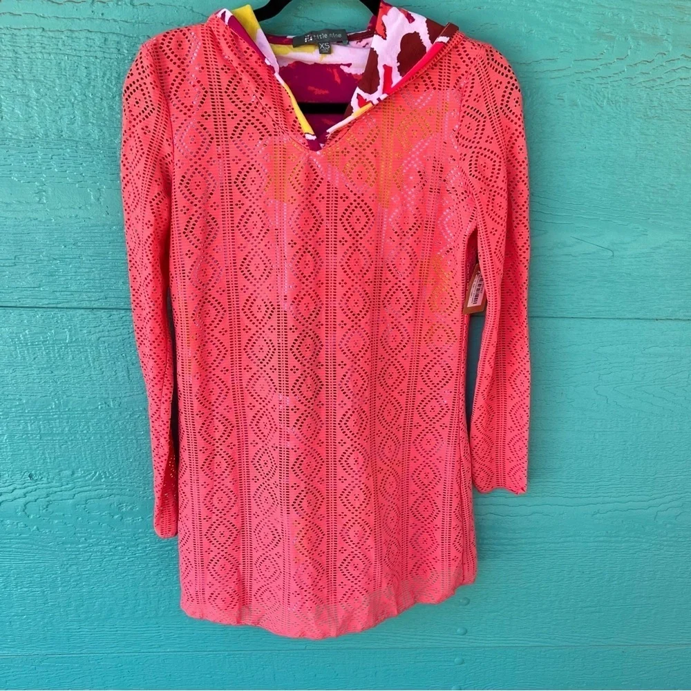 TITLE NINE MESH STRETCH OVERLAY HOODIE BEACH COVERUP TUNIC ORANGE SIZE XS NWT